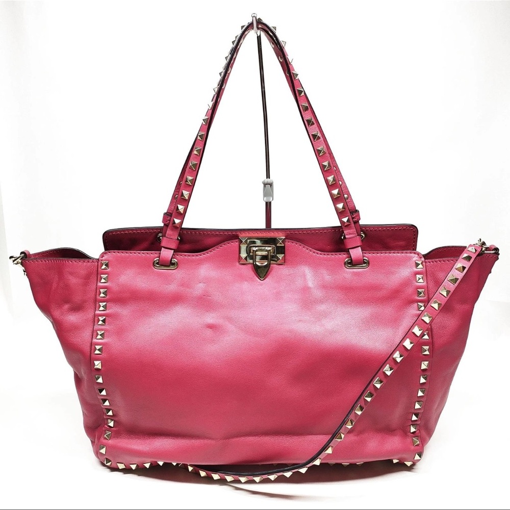AUTH Valentino Leather Rockstud Tote Crossbody Pink